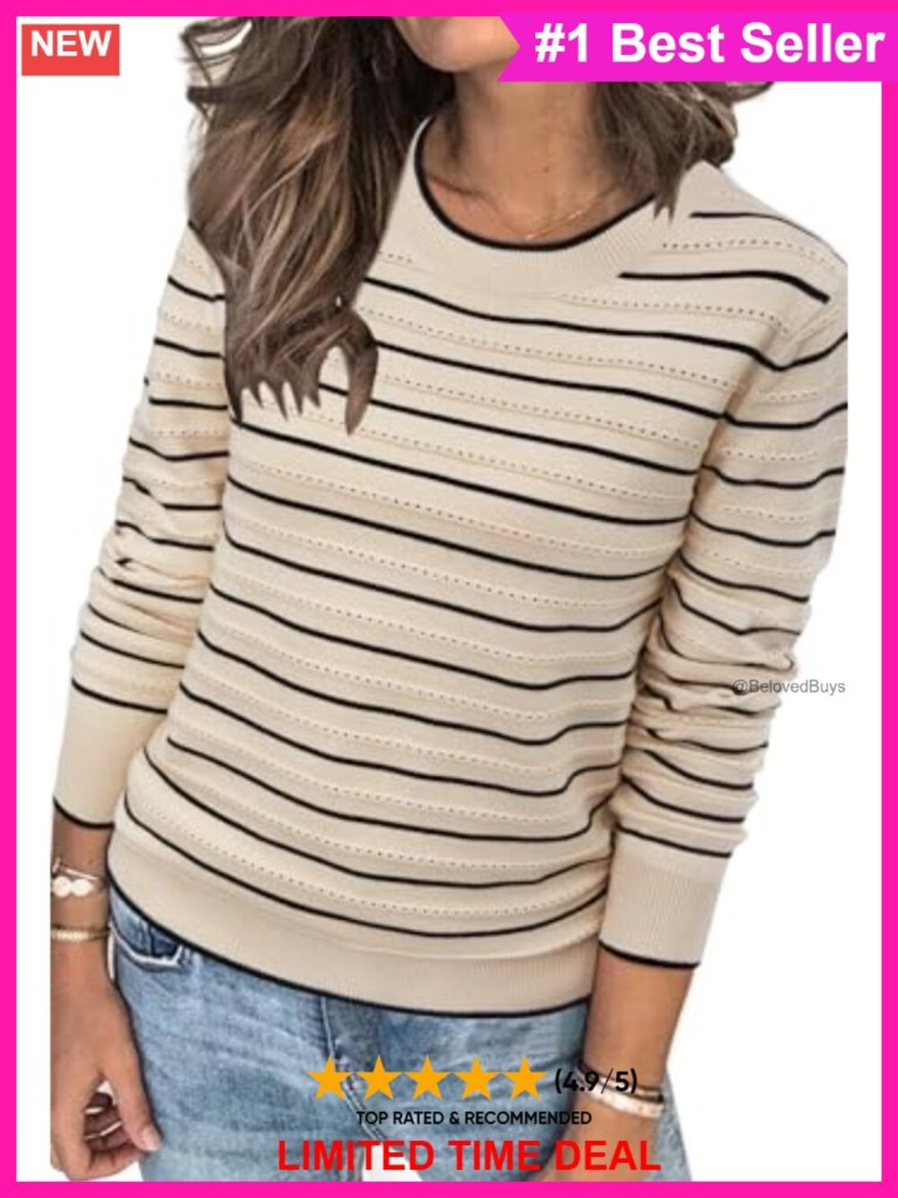 Women's Soft Knit Striped Pullover Sweater Crew Neck Long Sleeve Casual Top